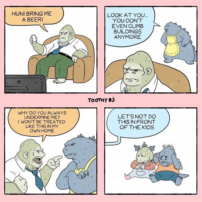 Toothy Bj comic featuring a gorilla and monster in a domestic quarrel with kids in the background.