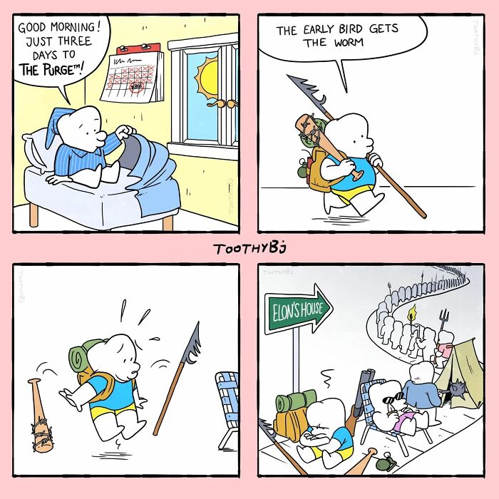 Toothy Bj comic character ready for a journey with a spear, camping gear, and others lining up toward Elon’s house.