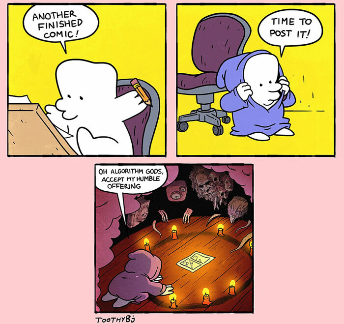 Toothy Bj character finishing a comic, preparing to post it, and praying to algorithm gods by candlelight.