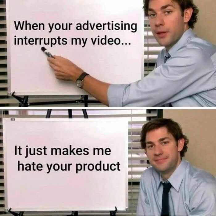 Man pointing to a board with meme text about advertising interruptions, part of hilarious memes to save your day.