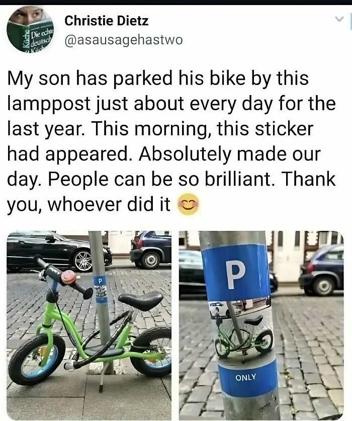 Tweet about a boy's bike parked daily by a lamppost with a new wholesome sticker, bringing joy and positivity.