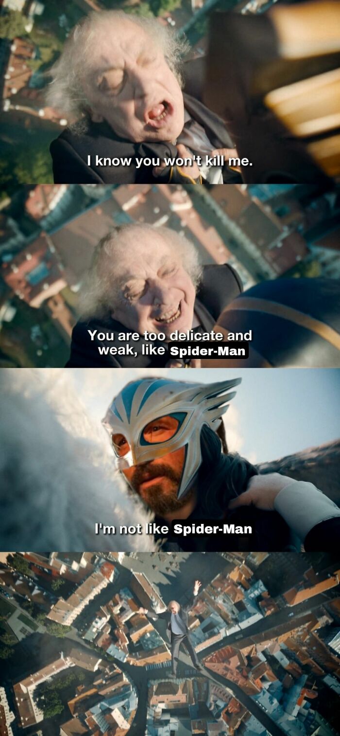 Marvel meme with characters discussing being delicate and weak like Spider-Man in a humorous scene from a Marvel movie.