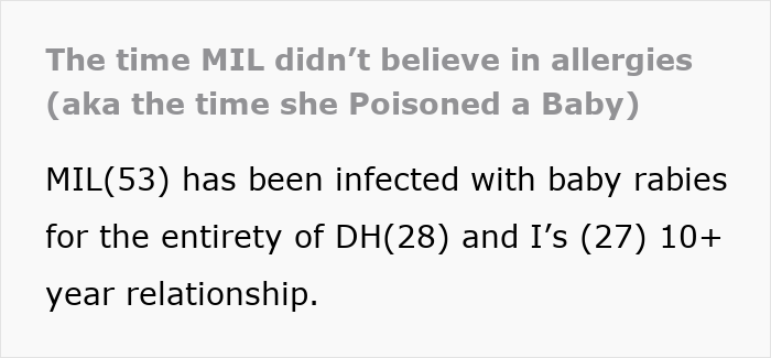 Text excerpt discussing a mother-in-law ignoring a child&rsquo;s severe allergy, leading to an emergency room visit.