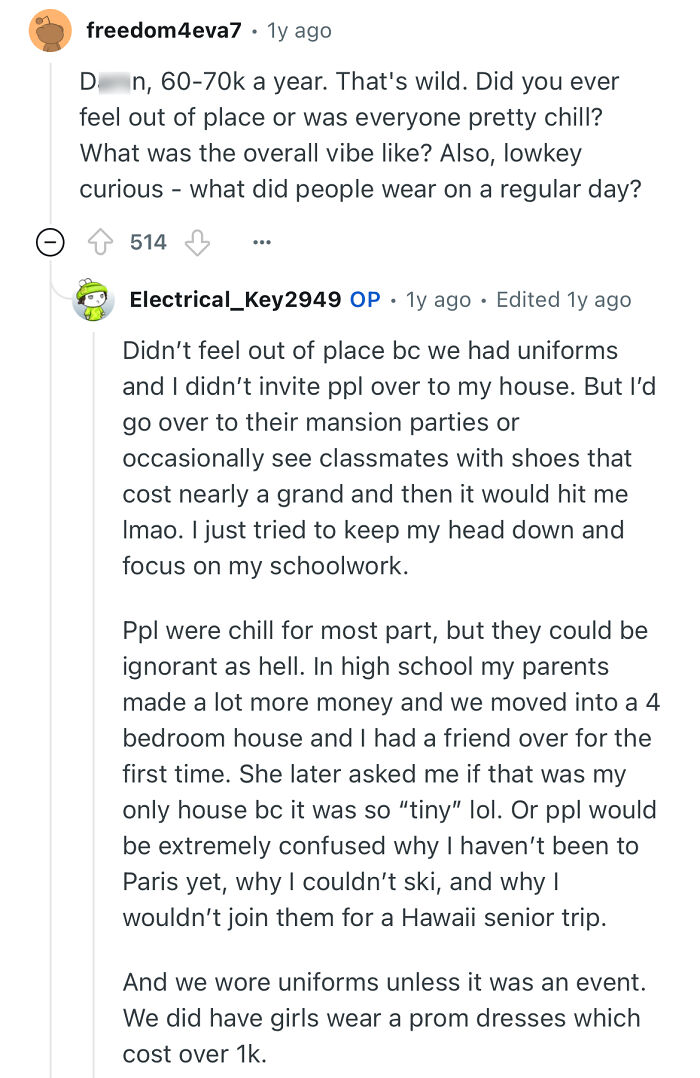 Screenshot of a Reddit thread where a person studied in a prestigious private school answers questions about their experience.