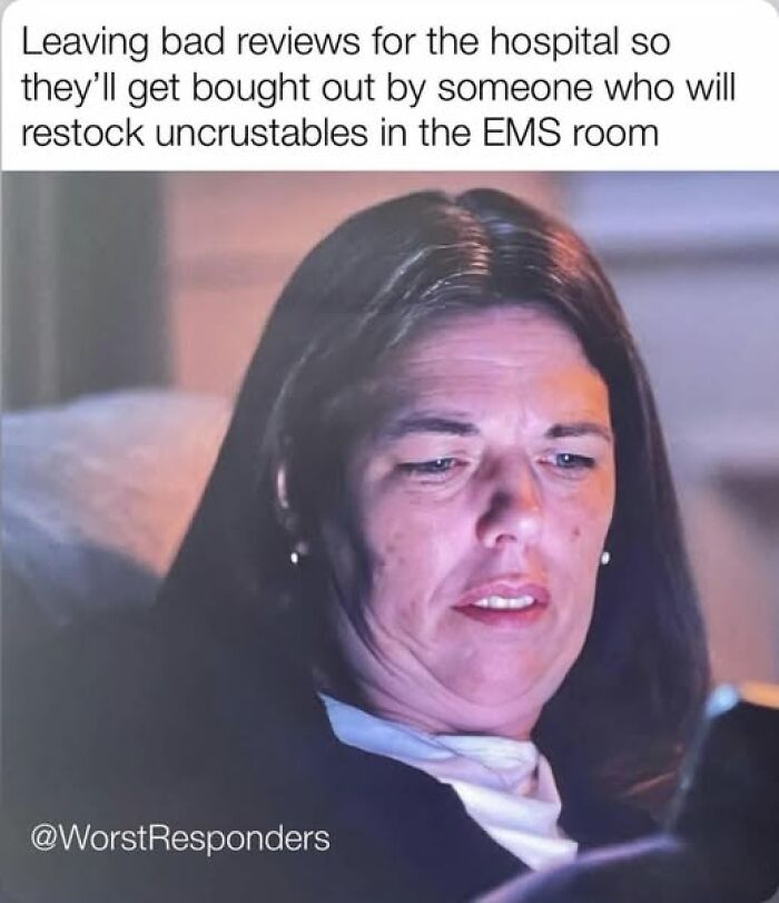 Woman reading on phone with meme about hospitals and restocking EMS room, relatable to EMT and paramedic humor