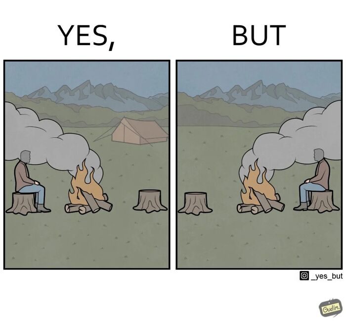 Two-panel comic showing a person sitting near a campfire with smoke in different directions, yes but comics style.