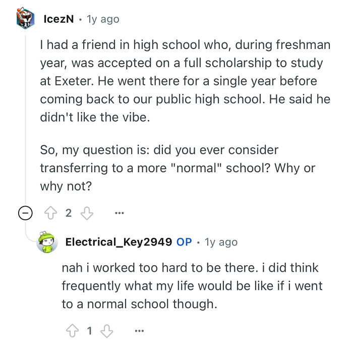 Person studied in a prestigious private school discussing experiences and answering questions about school transfer choices.