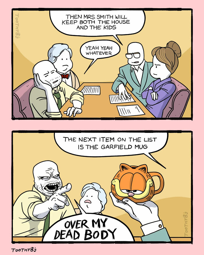 Cartoon by Toothy Bj showing a man fiercely defending a Garfield mug during a family discussion at a table.