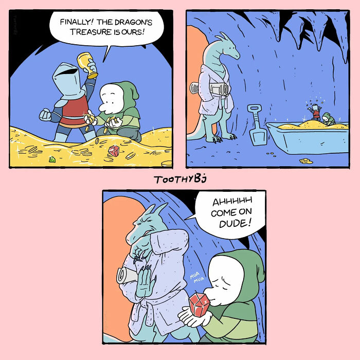 Toothy Bj comic strip showing a knight and dragon celebrating treasure while playful mischief unfolds in a cave setting