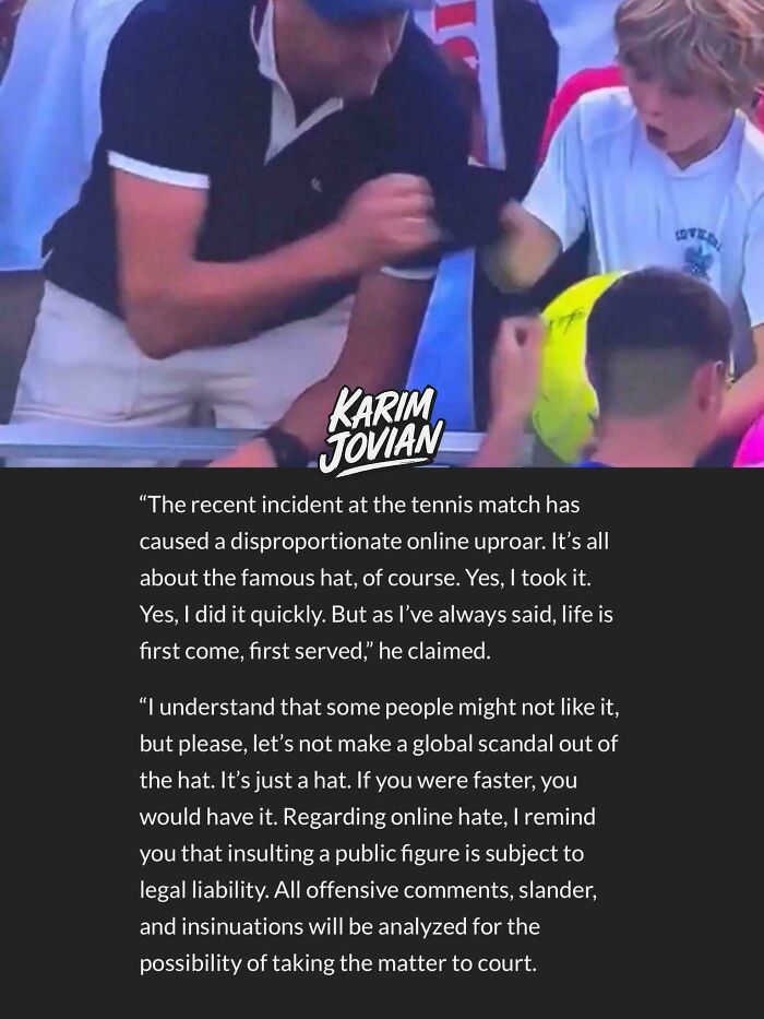 Man grabbing a yellow hat from a child at a tennis match, a moment showing there was an attempt but the universe intervened.