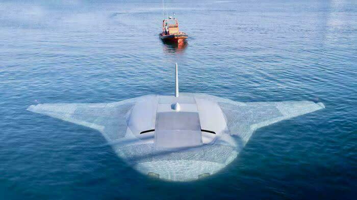 Extremely large things: A stealth drone submarine emerging from the water, with a small boat nearby, showing its eerie scale.