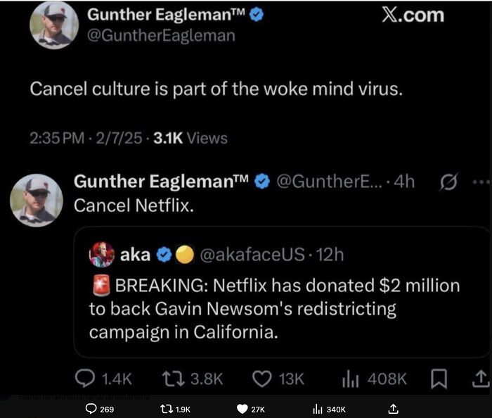 Screenshot of a social media post discussing cancel culture and Netflix donation controversy with public reactions.