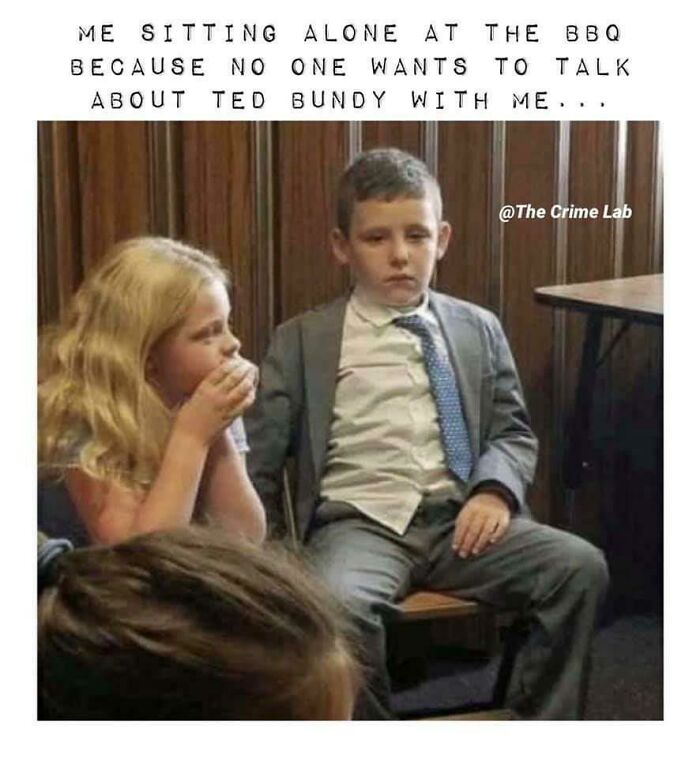 Two kids at a BBQ, one looking lonely and the other whispering, capturing true crime binge culture humor.