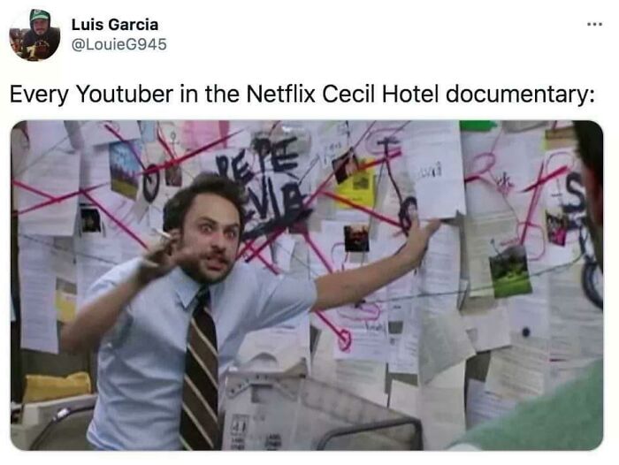 Man frantically explaining conspiracy theories with True Crime papers and red string on a wall in a comedic meme.