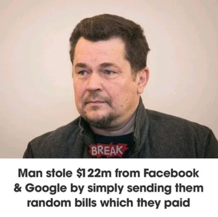 Man with serious expression next to text about true crime story of stealing from Facebook and Google using random bills.