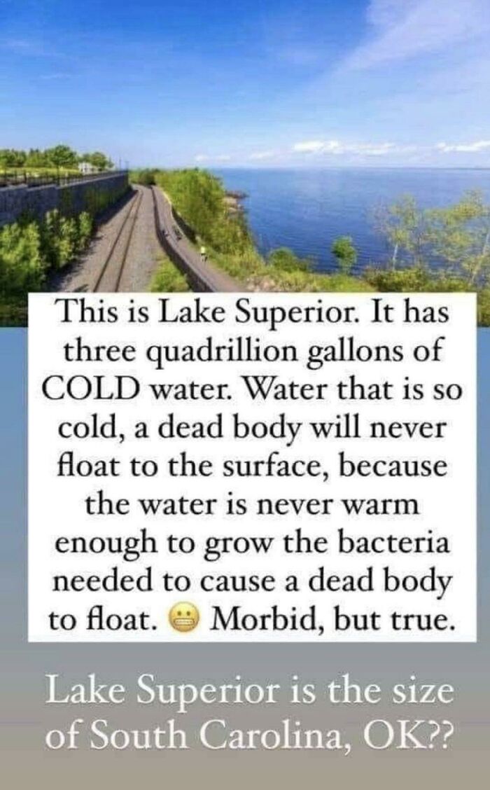 Scenic view of Lake Superior with text describing cold water that prevents dead bodies from floating, true crime meme.
