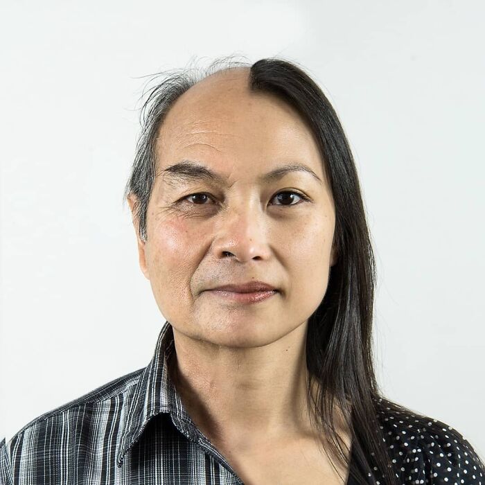Portrait of a person with half gray and half black hair, illustrating strong family DNA in genetic portraits.