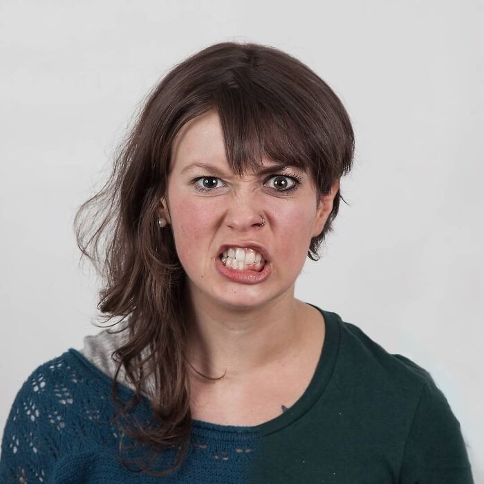Woman showing two different facial expressions side-by-side, illustrating strong family DNA in a genetic portrait comparison.