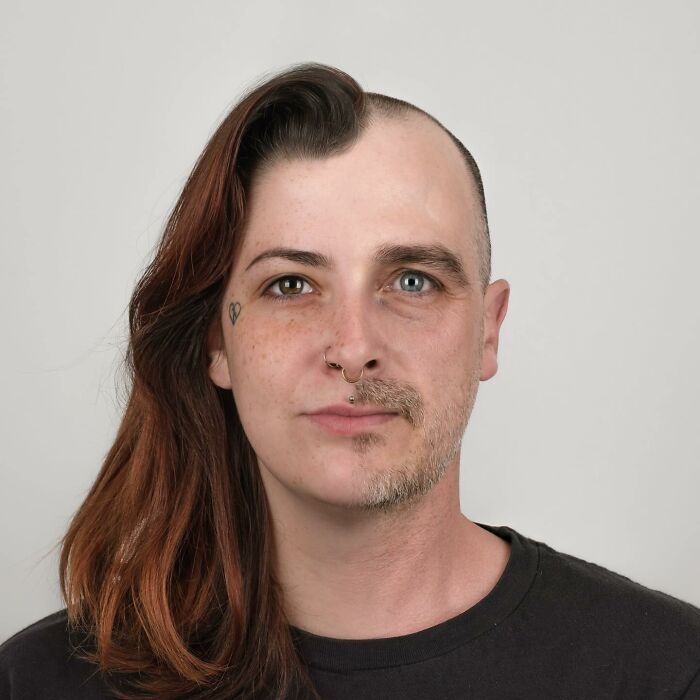 Side-by-side genetic portrait showing family DNA traits with distinct facial features and different hair styles on each half.