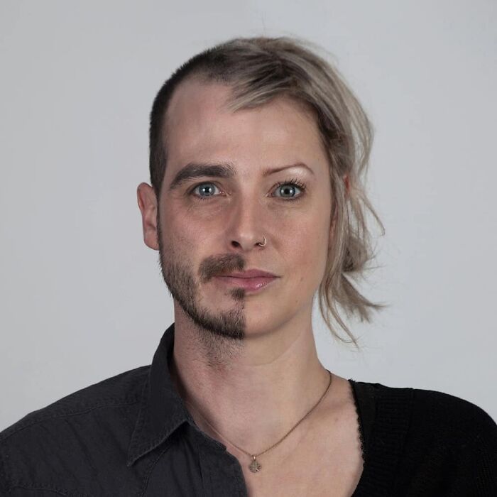 Side-by-side genetic portrait showing two family members with strong family DNA similarities and distinct facial features.