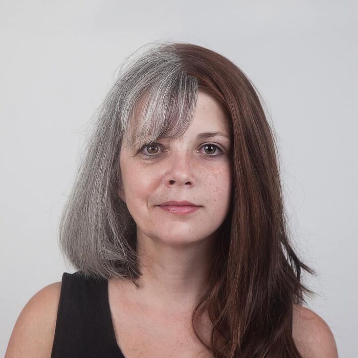 Woman with side-by-side genetic portrait showing half gray hair and half brown hair, illustrating strong family DNA traits.