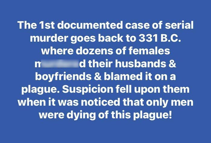 Text meme about the first documented case of serial m****r in 331 B.C., related to true crime binge humor.