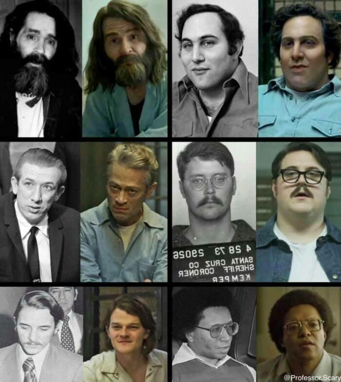 Grid of photos showing real and dramatized true crime figures, highlighting popular true crime memes and culture.