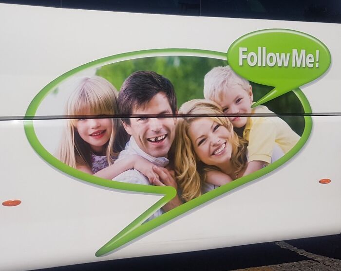 Family photo on a vehicle with a speech bubble and the text Follow Me, an example of advertising placement fails.
