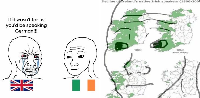 Crying British meme arguing with calm Irish meme about language history, overlaid on decline of Irish speakers map.