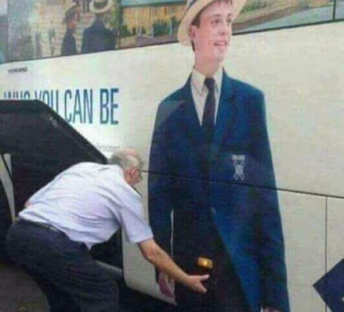 An elderly man unintentionally interacts with a bus ad showing advertising placement fails that made people laugh.