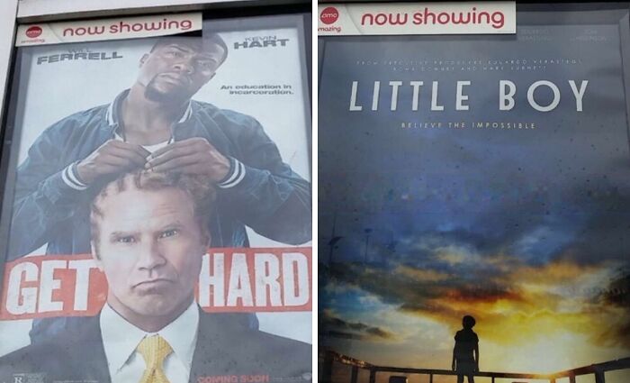 Movie billboards showing advertising placement fails with a confusing mix of comedy and drama posters side by side.