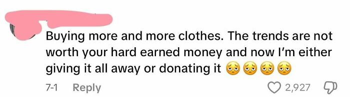 Social media comment expressing frustration about consumerism and spending money on unnecessary clothes.