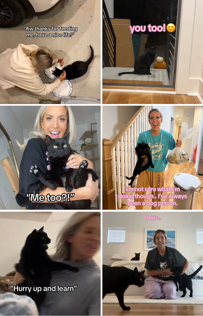 Woman interacting and bonding with a newly adopted black cat, showcasing happy adoption moments and pet companionship.