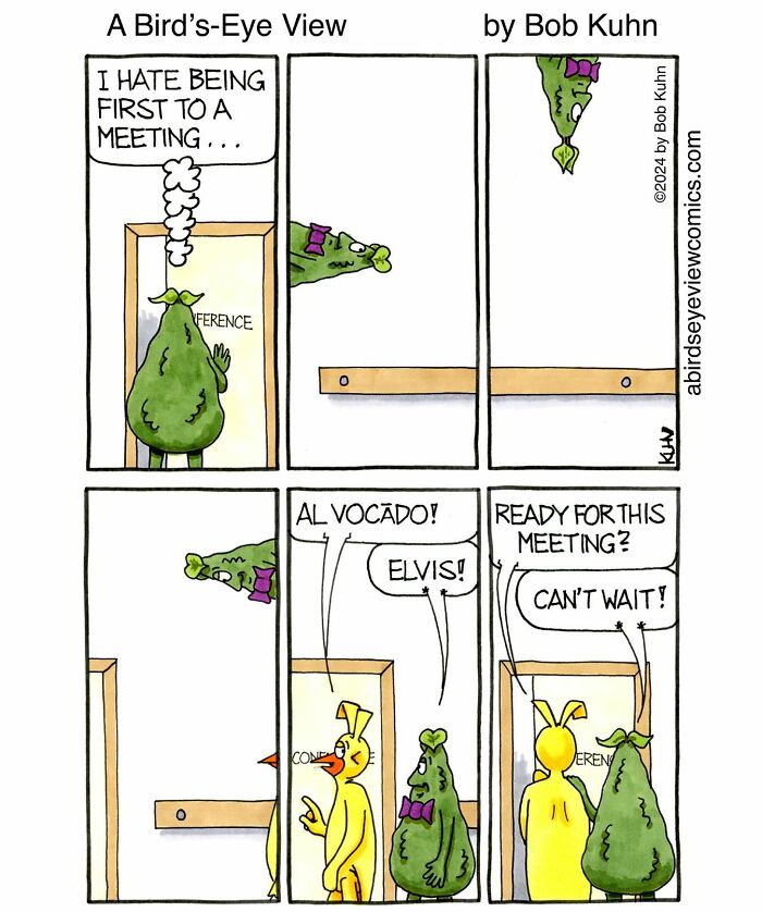 Cartoon characters in an office comic about work and meetings, showing funny moments before a chaotic meeting.