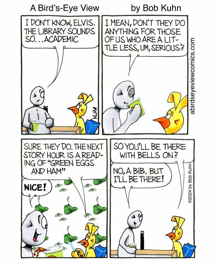 Comic showing a humorous office scene with characters discussing meetings and workplace chaos over coffee.