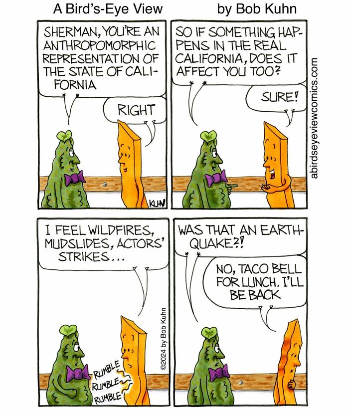 Comic panel showing office characters humorously discussing California disasters, highlighting work and office chaos in a funny comic style.