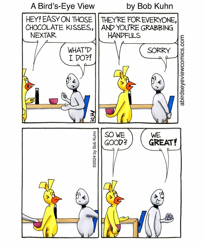 Comic scene showing office characters humorously discussing chocolate kisses, highlighting work and office chaos themes.