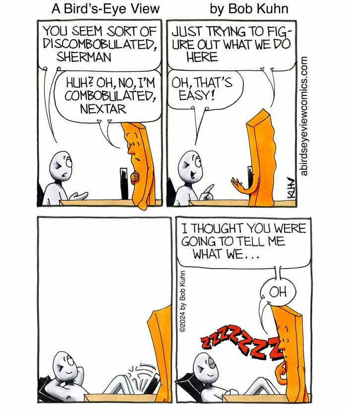 Comic strip showing office characters in a funny work meeting, highlighting confusion and office chaos with playful dialogue.
