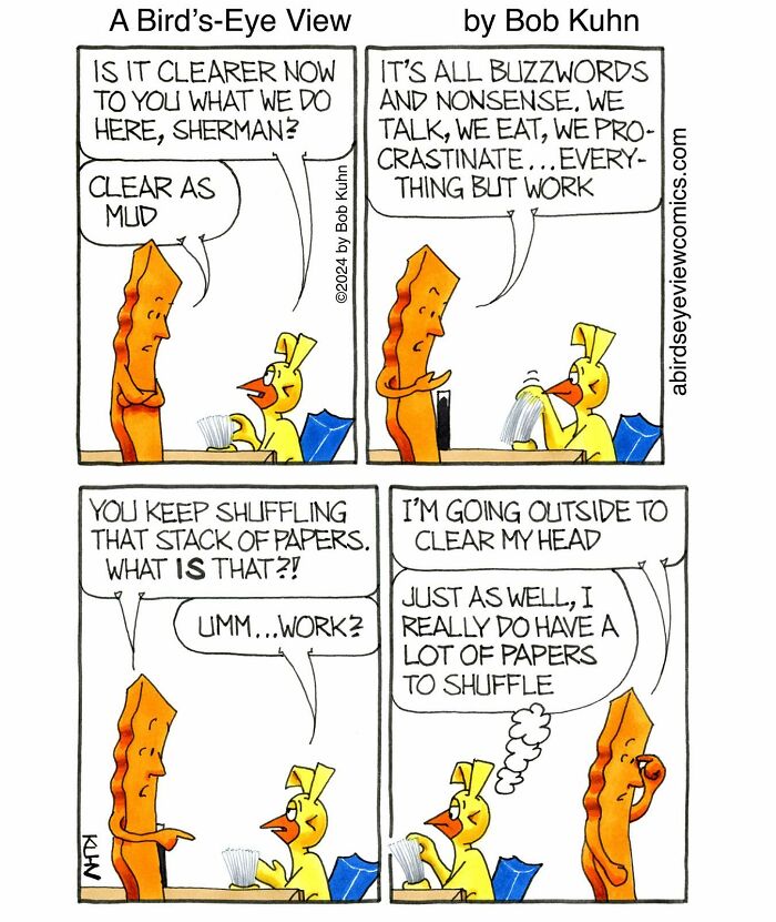 Cartoon comic showing funny office chaos with characters discussing work, meetings, and procrastination in a lighthearted way.