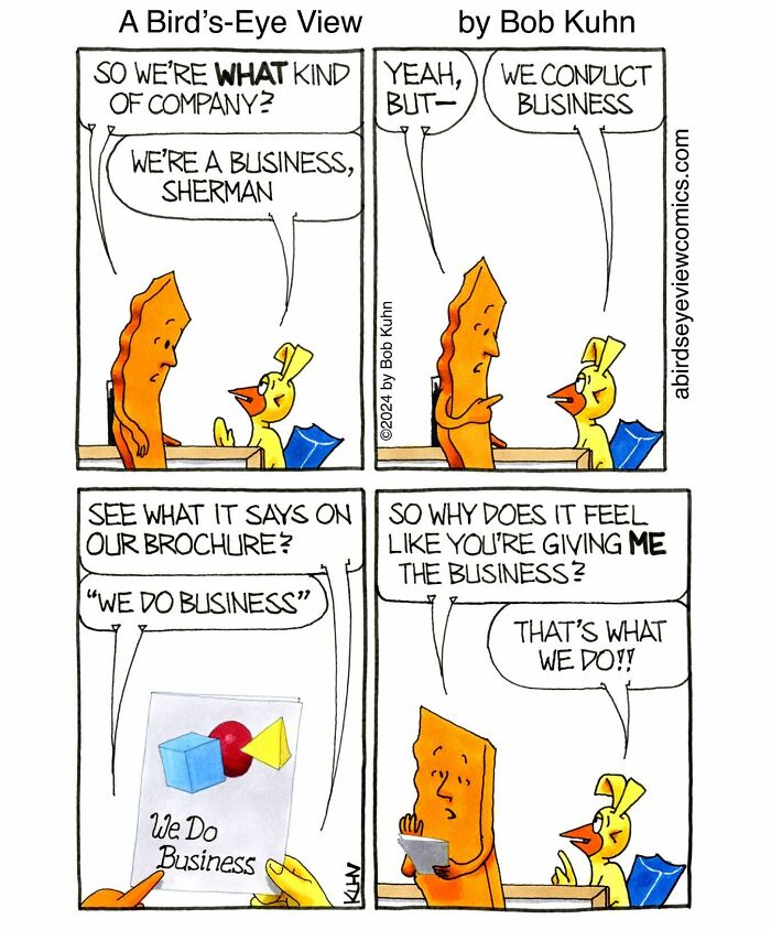 Comic strip showing office characters humorously discussing business in a funny work meeting highlighting office chaos.