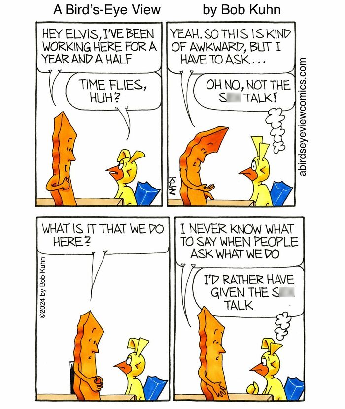 Cartoon characters in a funny office comic discussing awkward work questions and office chaos in a meeting setting.