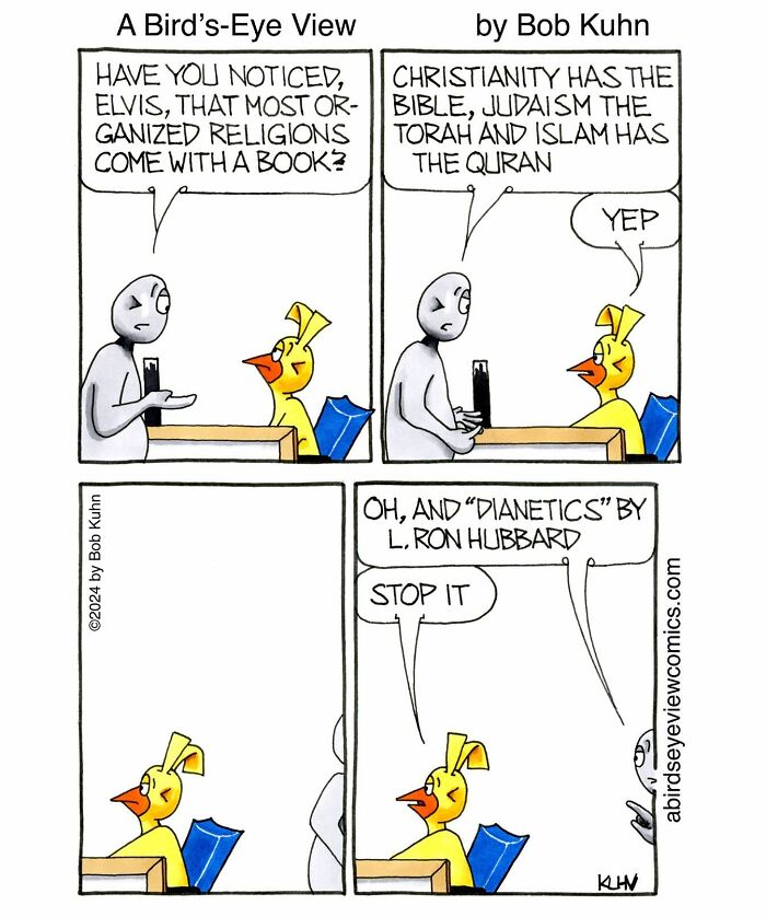 Comic strip featuring a bird and human discussing books related to organized religions, highlighting office chaos humor.