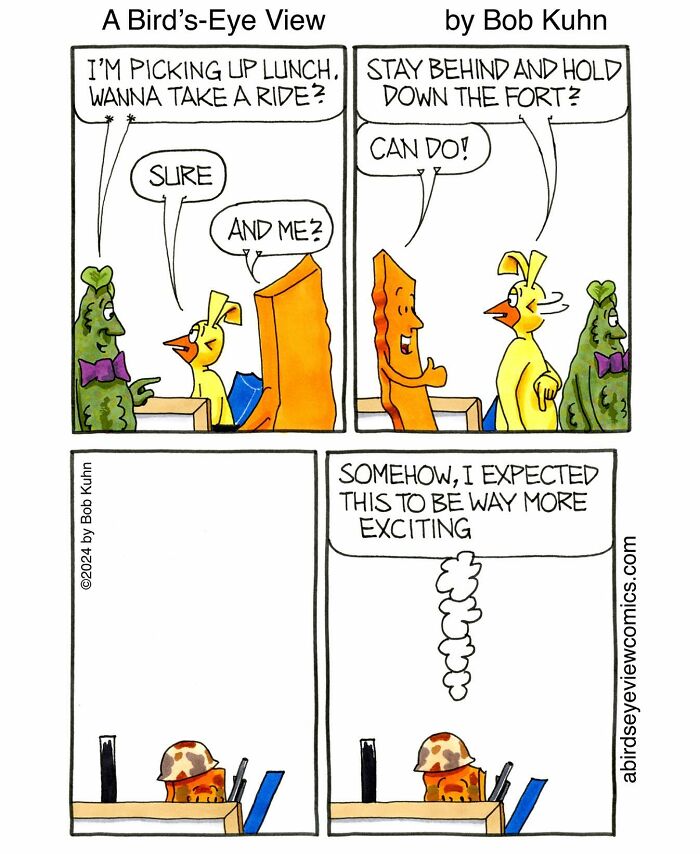 Cartoon characters humorously discussing office chaos and meetings while holding down a fort in a work setting.