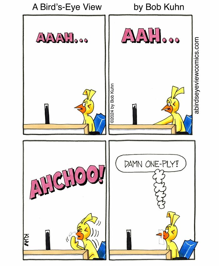 Cartoon bird sneezing at an office desk in a funny comic about work, meetings, and office chaos.
