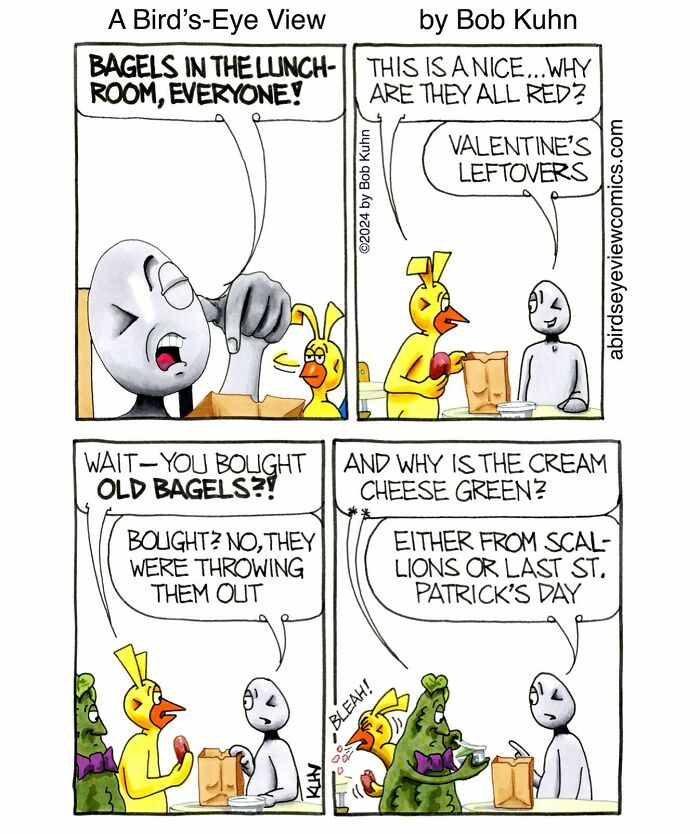 Office humor comic showing birds discussing old bagels and green cream cheese in a chaotic work meeting setting.