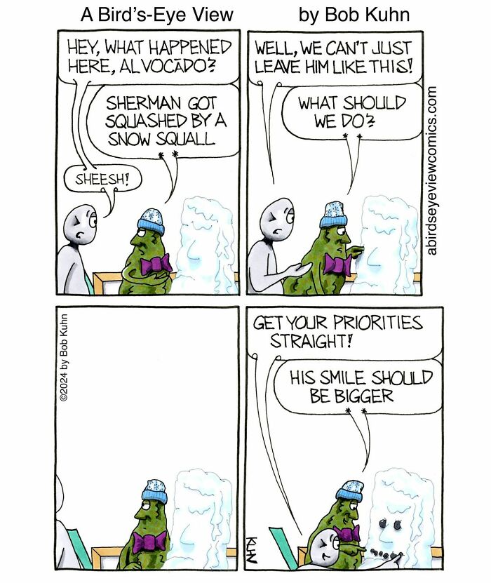 Comic panel showing characters humorously discussing office chaos and meetings, featuring a snow sculpture and quirky work priorities.