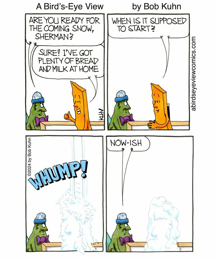 Cartoon characters discussing snow in a comic about workplace meetings and office chaos humor.