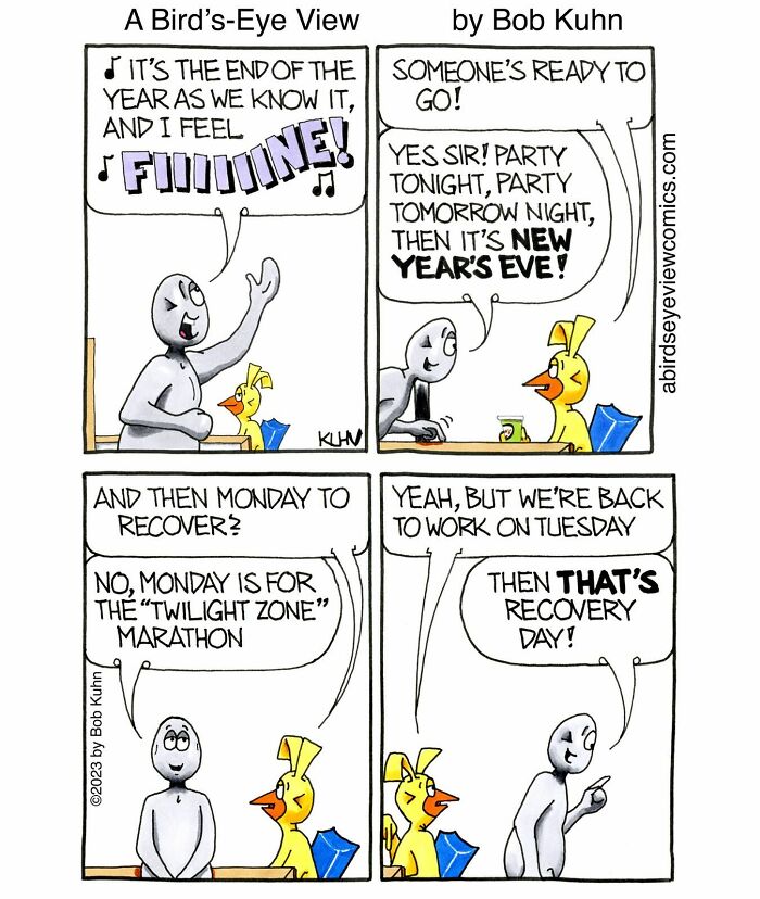 Comic about work and office chaos showing characters discussing New Year's Eve parties and recovery days at work.