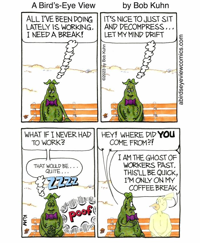 Cartoon characters discuss the need for a work break and meet the ghost of workers past in an office chaos comic.