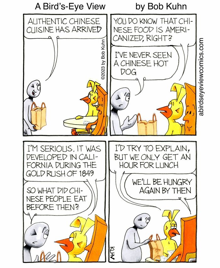 Comic strip showing office characters humorously discussing Chinese cuisine and lunch breaks in a work and office chaos setting.